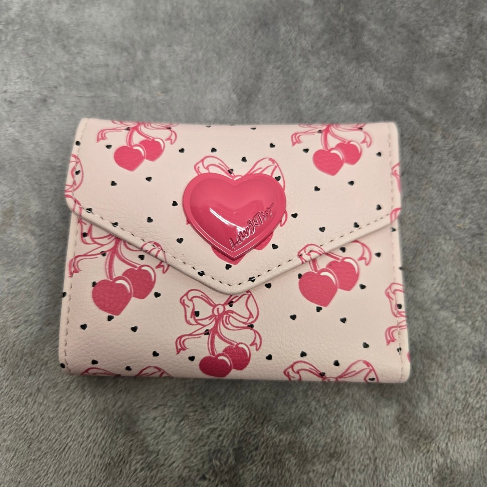 Luv Betsey Johnson Pink Cherry Bow Heart Trifold Wallet Faux Leather Small